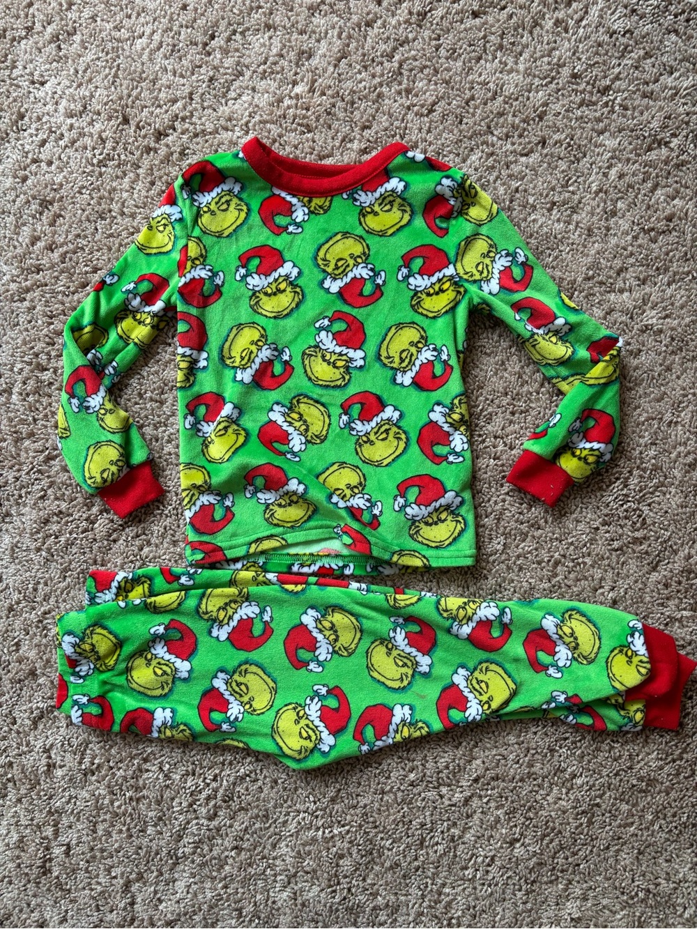Kids Green Grinch Holiday Pajama Set with Red Trim - 4T